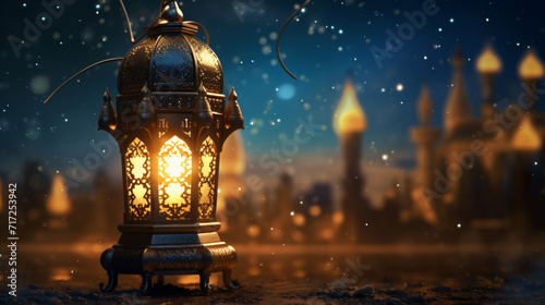 3D illustration featuring an ornamental and golden Arabic lantern, radiating a warm glow in the night. Generative AI