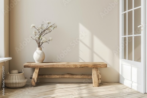 Eingangsbereich mit einer Holzbank. Licht und Schatten spielen auf einer weißen Wand. Naturholzbank als Einrichtung. photo