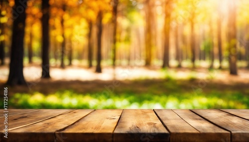 Wooden board empty table in front of blurred background. perspective brown wood table over blur trees in forest background - can be used mock up for display or montage your products. autumn season. © Wix
