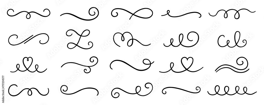 Swirls and scrolls ornament doodle. Wedding decoration, decorative design elements,  filigree curls, vintage dividers in sketch style. Hand drawn vector illustration isolated on white background - obrazy, fototapety, plakaty 