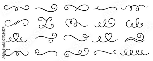 Swirls and scrolls ornament doodle. Wedding decoration, decorative design elements, filigree curls, vintage dividers in sketch style. Hand drawn vector illustration isolated on white background