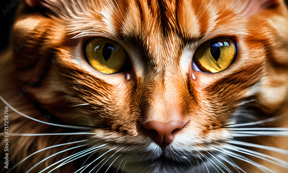 close-up, ginger cat face, portrait of happy ginger cat, whiskered ginger cat, pet, feline face, feline family - obrazy, fototapety, plakaty 