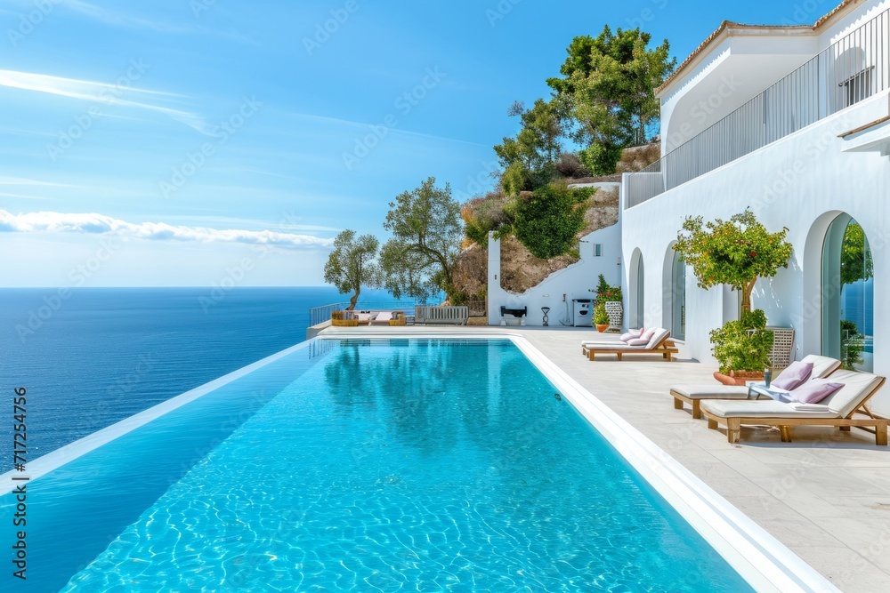 Villa mit Pool im Urlaub am Mittelmeer in Europa. Luxus  Apartment im Sommer mit Swimmingpool.