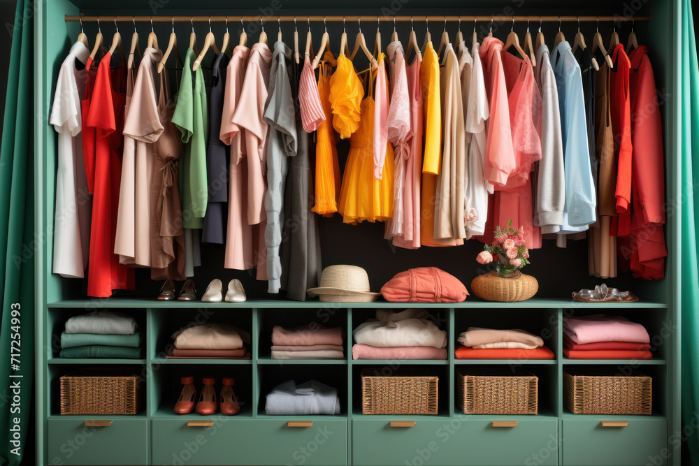 An organized wardrobe with color-coordinated clothes portrays the concept of fashion order and personal style. Generative Ai.