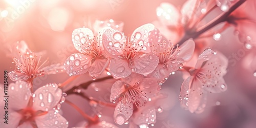 A spring cherry blossom scene, delicate pink sakura flowers, rain drops, serene and poetic atmosphere