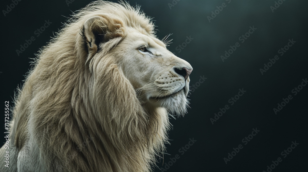 Imposing white lion on black background