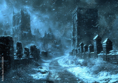 Eerie Blue Fantasy Castle in Snowfall