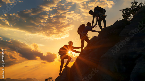 Teamwork at dusk: climbers uniting to conquer the summit