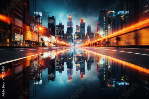 A blurred cityscape at night with colorful lights  creating a sophisticated and urban backdrop for text related to city life and nightlife. Generative Ai.
