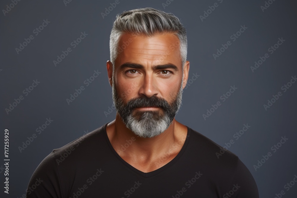 Handsome mature man with beard and mustache on grey background. Handsome mature man with beard and mustache on grey background.