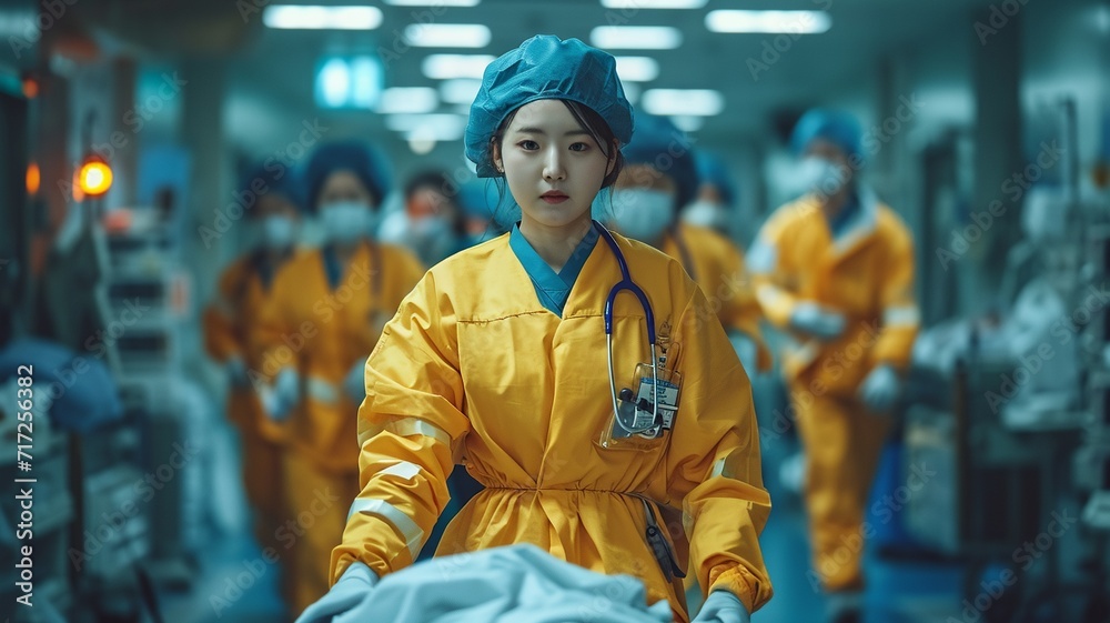 Team of Korean doctors rushing a patient in a gurney at the hospital - emergency medicine concepts, generative ai Team of Korean doctors rushing a patient in a gurney at the hospital - emergency medicine concepts, generative ai