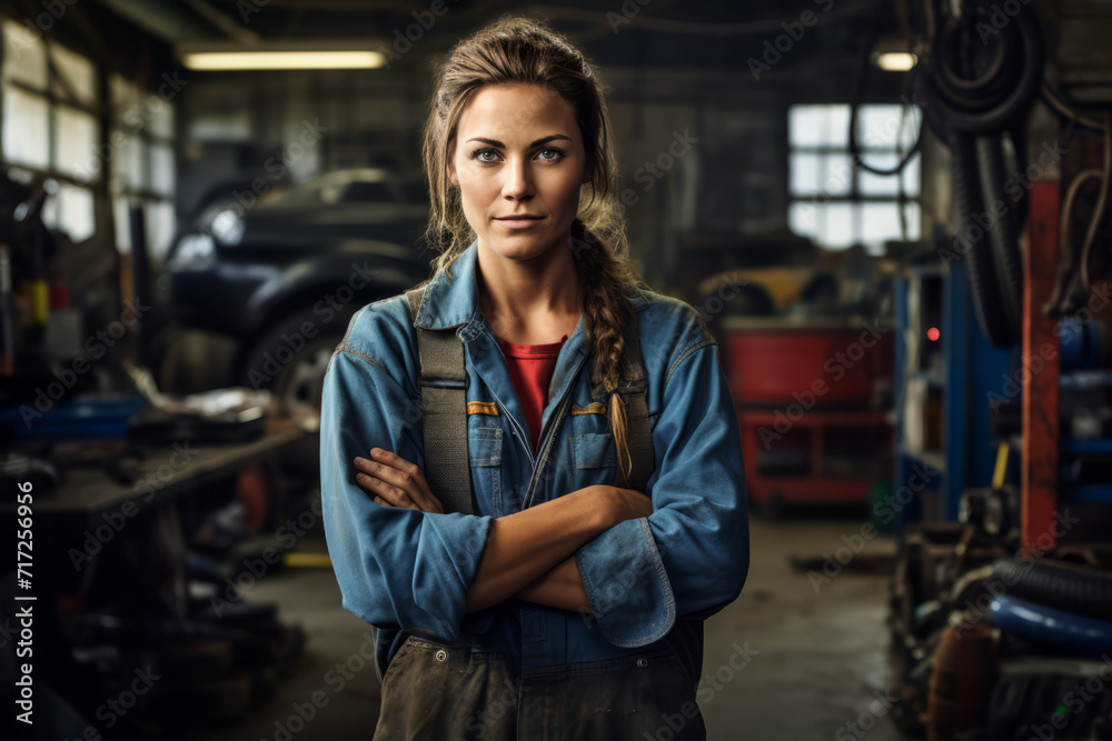 Empowered and Confident: A Portrait of a Female Mechanic in Her Automotive Workshop, Surrounded by Tools and Car Parts