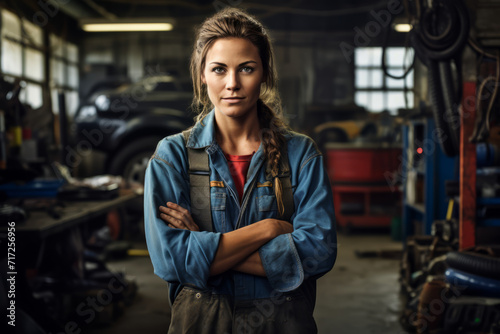Empowered and Confident: A Portrait of a Female Mechanic in Her Automotive Workshop, Surrounded by Tools and Car Parts © aicandy
