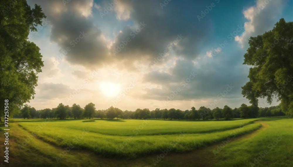 Panoramic view of a field covered in grass and trees under sunlight and a cloudy sky