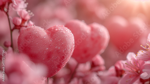 An unusual fascinating background for Valentine's day with red and pink hearts. The concept for a greeting card on 02/14/2012. Roses are flower petals, dew drops. Contemporary art.
