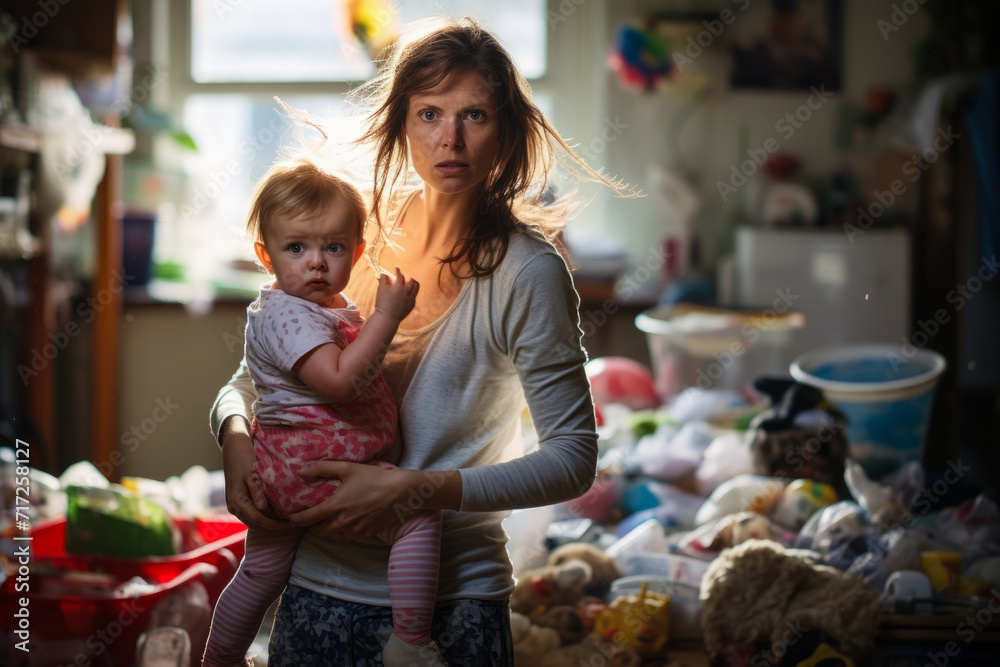 A frazzled young mother carrying her baby on her hip, caught in a moment of multi-tasking amidst the chaos of her home