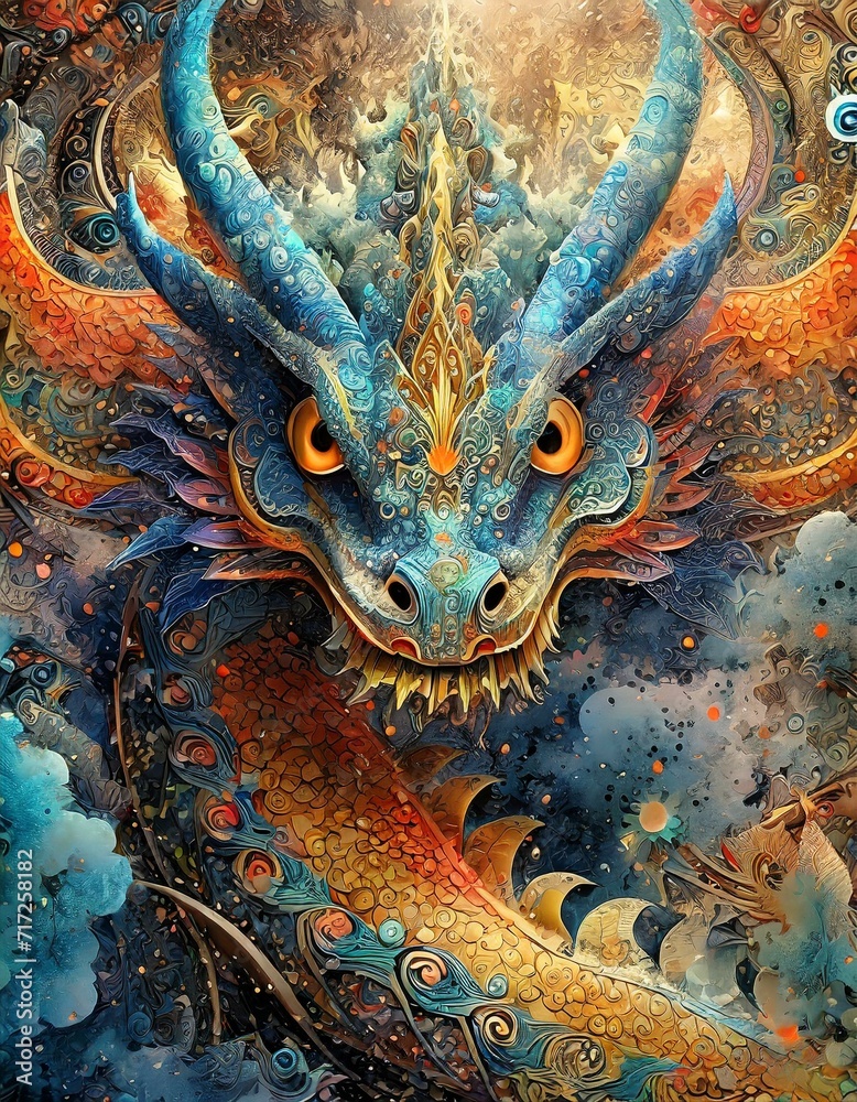 Fototapeta premium Decorative Chinese dragon in blue and orange tones.