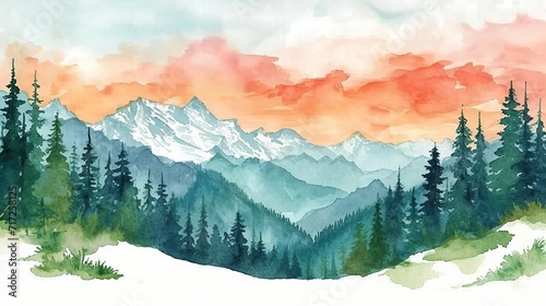 Watercolor Painting of Mountain Forest at Sunset with Red Sky