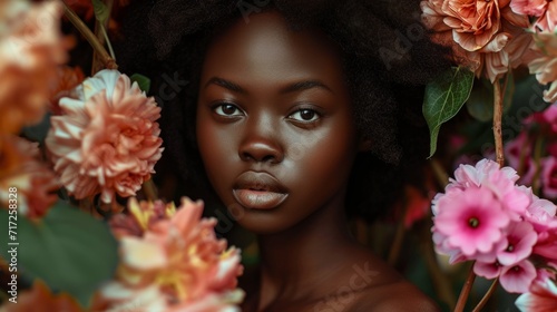 African descendant woman posing with flowers generative ai photo