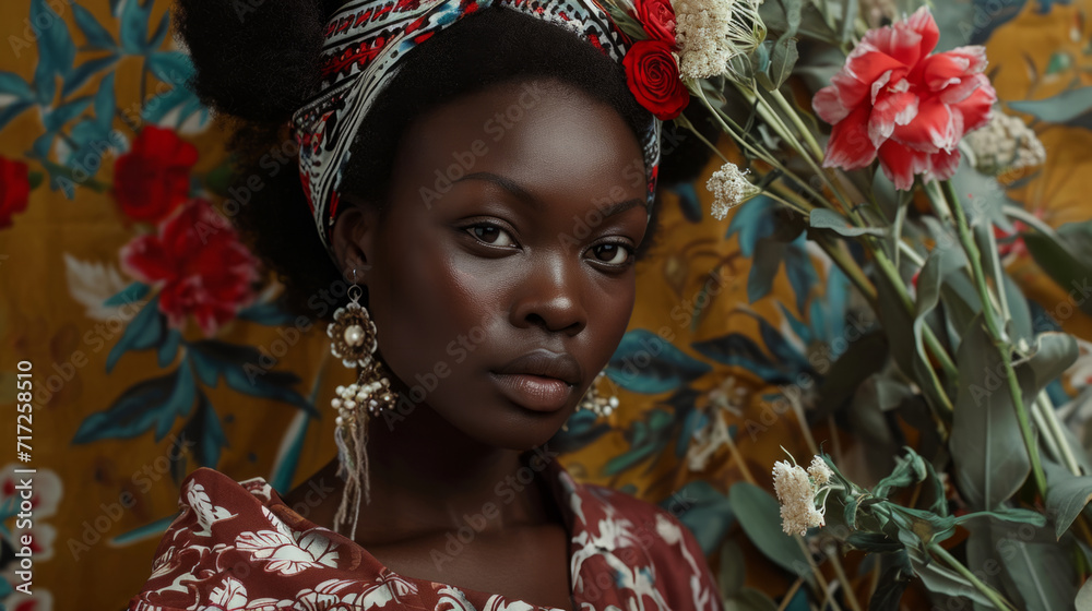 African descendant woman posing with flowers generative ai