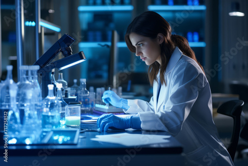 A Dedicated Toxicologist Deep in Thought, Surrounded by a Laboratory Full of Chemicals, Microscopes, and Scientific Reports, Reflecting the Intensity of Her Work