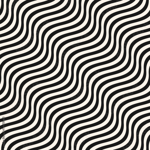 Ð¡urved wavy lines vector seamless pattern. Simple texture with diagonal black and white waves, stripes. Abstract ripple background, flow, fluid surface, illusion of movement. Repeat monochrome design