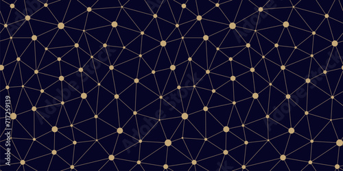 Fototapeta Naklejka Na Ścianę i Meble -  Golden vector triangular mesh seamless pattern. Abstract minimalist gold and black background with lines, nodes, polygonal grid, lattice. Simple luxury geometric texture. Repeating modern geo design