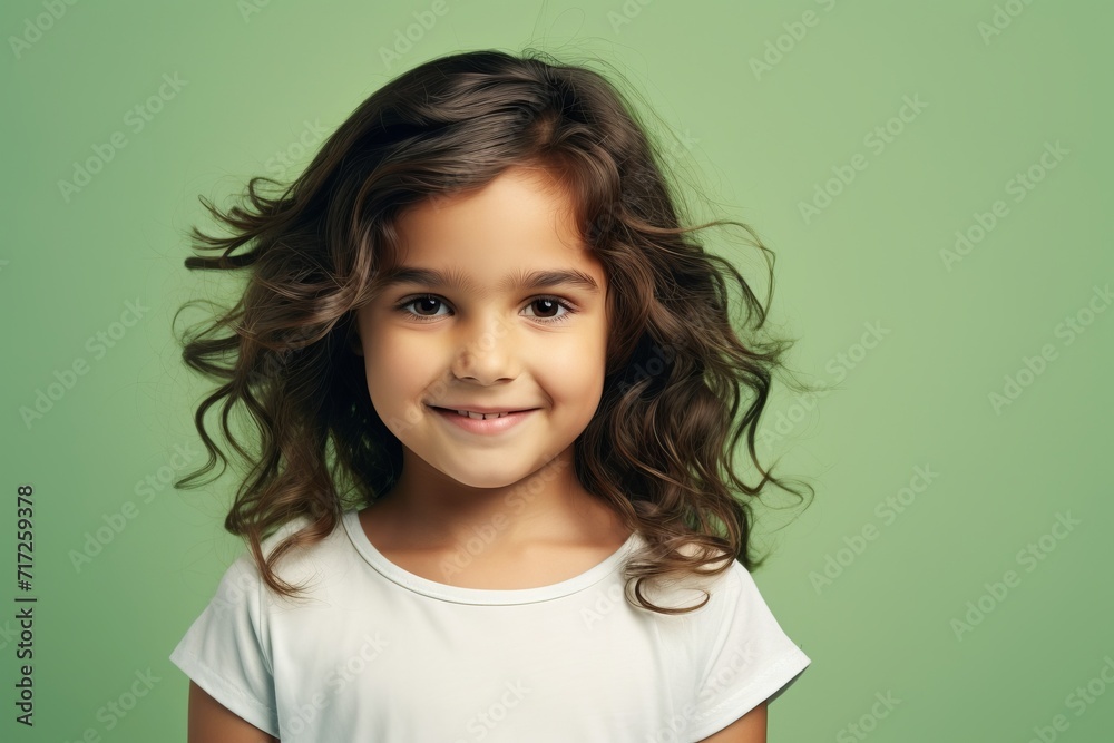 Portrait of a cute little girl with long curly hair over green background Portrait of a cute little girl with long curly hair over green background