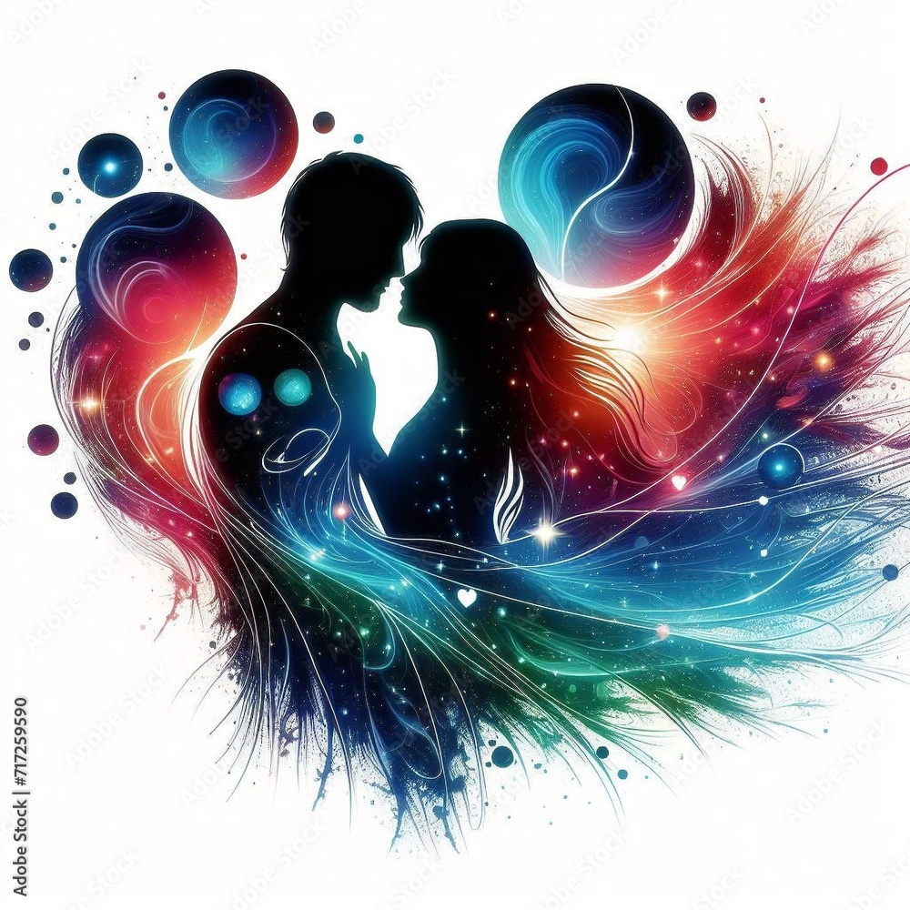 Silhouette of a loving couple in space with stars. Couple in love on ...