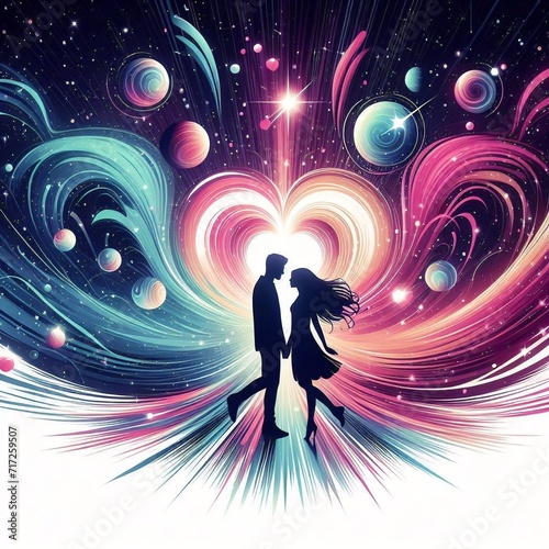 Silhouette of a loving couple in space with stars. Couple in love on abstract background with hearts, valentine's day background with couple in love Generative AI. 