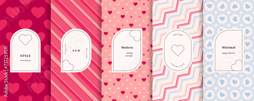 Vector Valentines day seamless patterns. Set of cute colorful geometric backgrounds with elegant minimal labels, frames. Modern abstract textures with hearts, stripes, dots. Romantic wedding decor