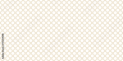 Subtle golden circle mesh texture. Vector minimalist seamless pattern with circular grid, thin curved lines, lattice, net. Simple luxury geometric background. Elegant minimal gold repeated ornament