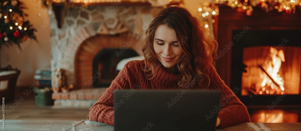 Young woman happily working on a laptop near a fireplace in her home.