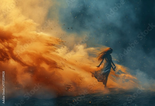 a dancing girl with smoke on the wings of dust, colorful explosions,
