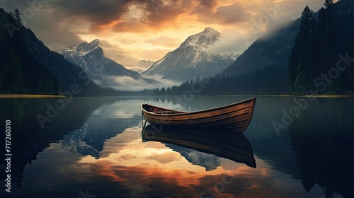 The reflection of a wooden boat in the lake, mountains and chapels in the crystal lake to clearly capture reflections. Symmetry contributes to the feeling of balance.