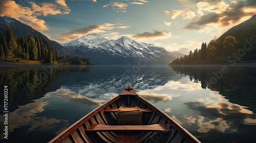 The reflection of a wooden boat in the lake, mountains and chapels in the crystal lake to clearly capture reflections. Symmetry contributes to the feeling of balance.