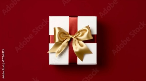 Blank gold ribbon bow gift box open or top view of Ai Generative © Lucky