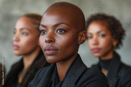 Satisfied dark-skinned businesswoman with short-cropped hair present at a business meeting with her female colleagues out of focus from behind