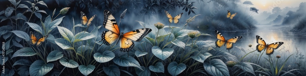 Banner for World Environment Day, butterflies on a misty summer morning in a forest clearing by a river. Background for poster, banner, social networks, place for text