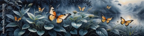 Banner for World Environment Day  butterflies on a misty summer morning in a forest clearing by a river. Background for poster  banner  social networks  place for text