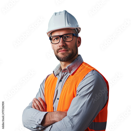 Portrait of a construction worker. Male builder in a helmet. Warehouse worker in uniform on the blurred background. Created using AI generation