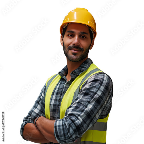 Portrait of a construction worker. Male builder in a helmet. Warehouse worker in uniform on the blurred background. Created using AI generation