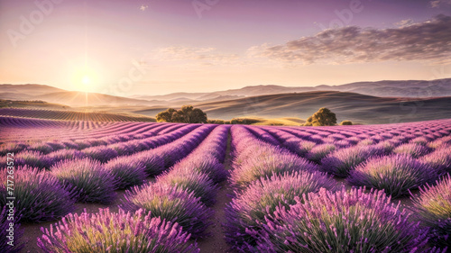 Sunset serenity view in lavender fields. Generative ai