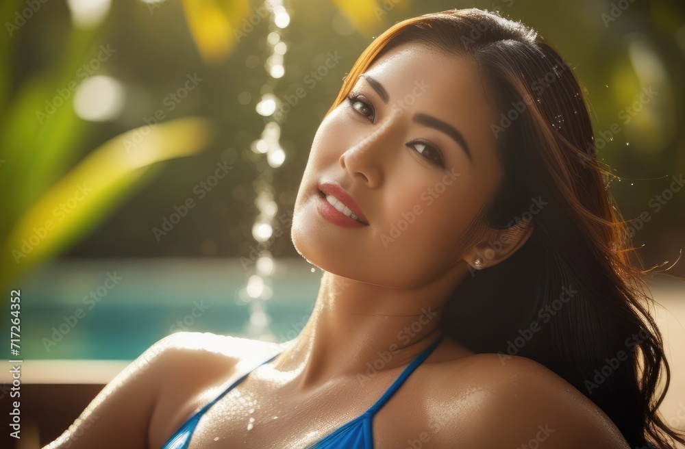portrait of sexy asian woman in bikini, closeup. summertime leisure, vacation, sunbathing in pool.