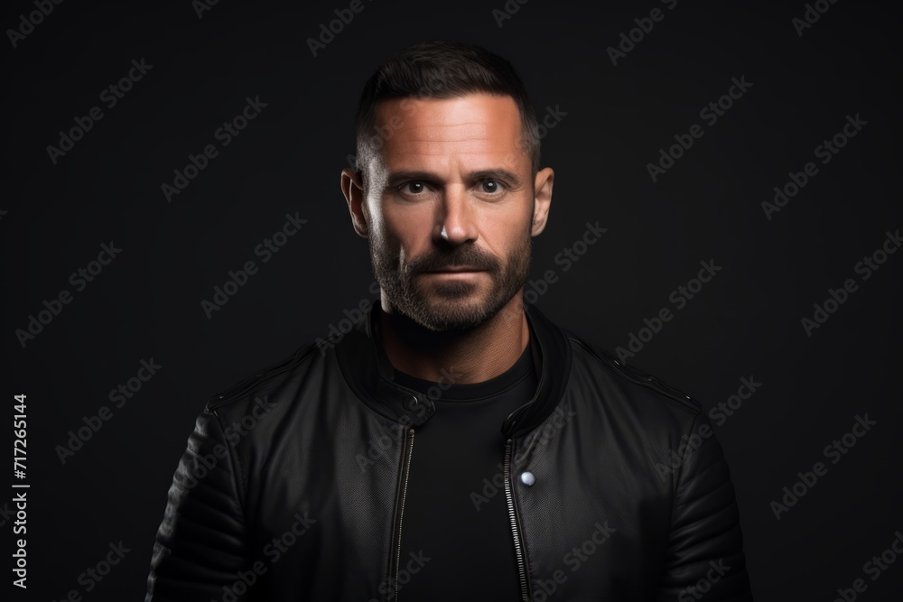 Portrait of a handsome bearded man in a black leather jacket.