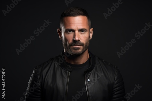 Portrait of a handsome bearded man in a black leather jacket.