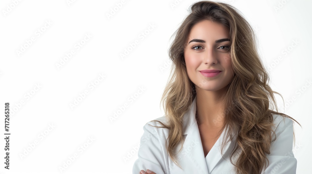 Portrait of young female doctor in medical uniform isolated on white background. Portrait of smiling cosmetologist looking at camera. Portrait of young female doctor in medical uniform isolated on white background. Portrait of smiling cosmetologist looking at camera.