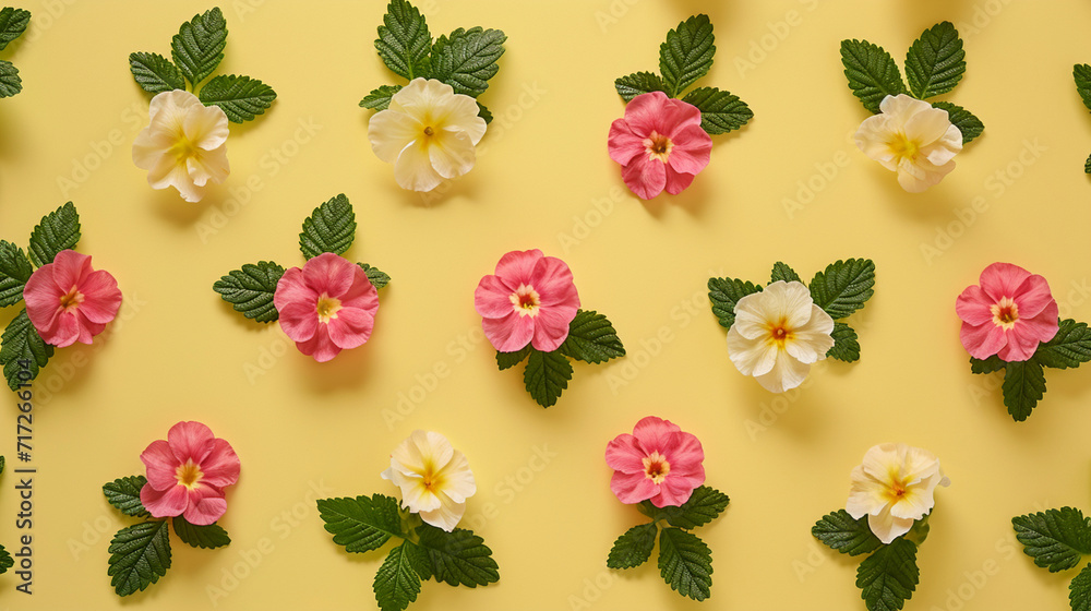 A pattern of primroses laid out on a gentle yellow backdrop, Valentine's Day, Flat lay, top view, aesthetic background, with copy space