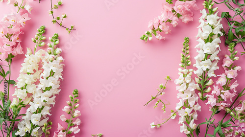 Softly colored snapdragons at the edges of a muted pink background, Valentine's Day, Flat lay, top view, with copy space photo