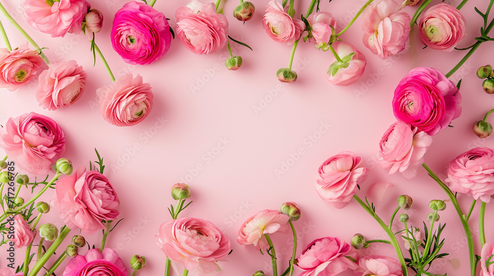 Fototapeta premium A frame of small pink ranunculus on a gradient of soft pinks, Valentine's Day, Flat lay, top view, with copy space